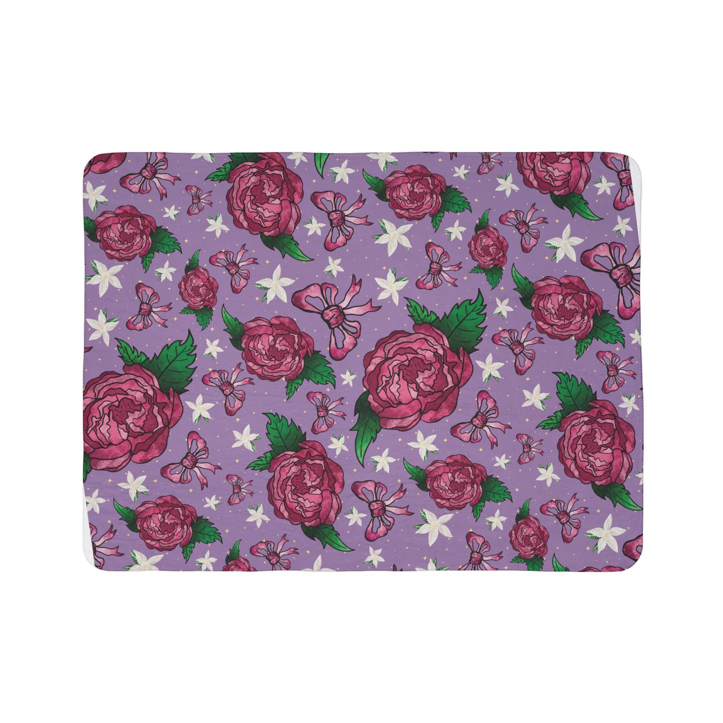 Floral Peony Bow Fleece Sherpa Blanket — Purple Cozy Throw