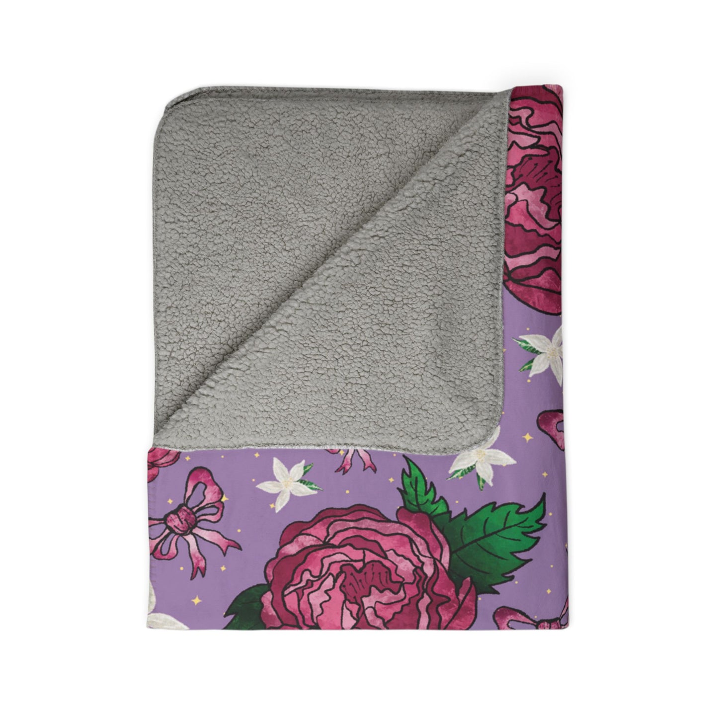 Floral Peony Bow Fleece Sherpa Blanket — Purple Cozy Throw
