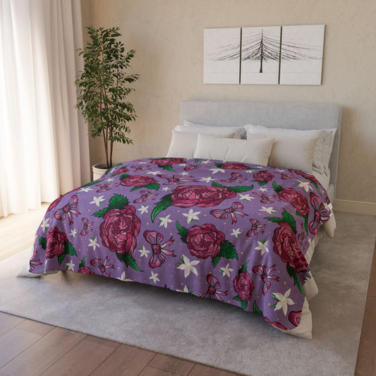 Floral Peony Bow Fleece Sherpa Blanket — Purple Cozy Throw