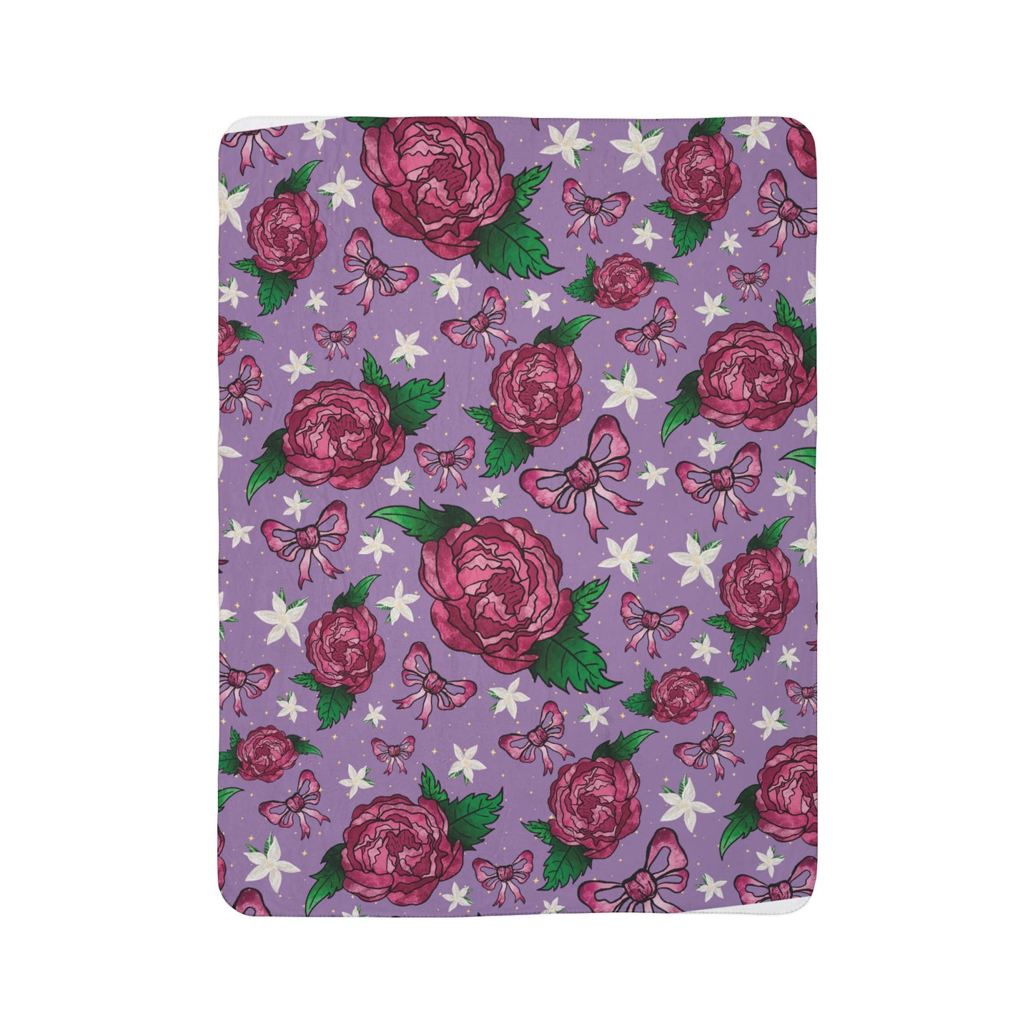 Floral Peony Bow Fleece Sherpa Blanket — Purple Cozy Throw