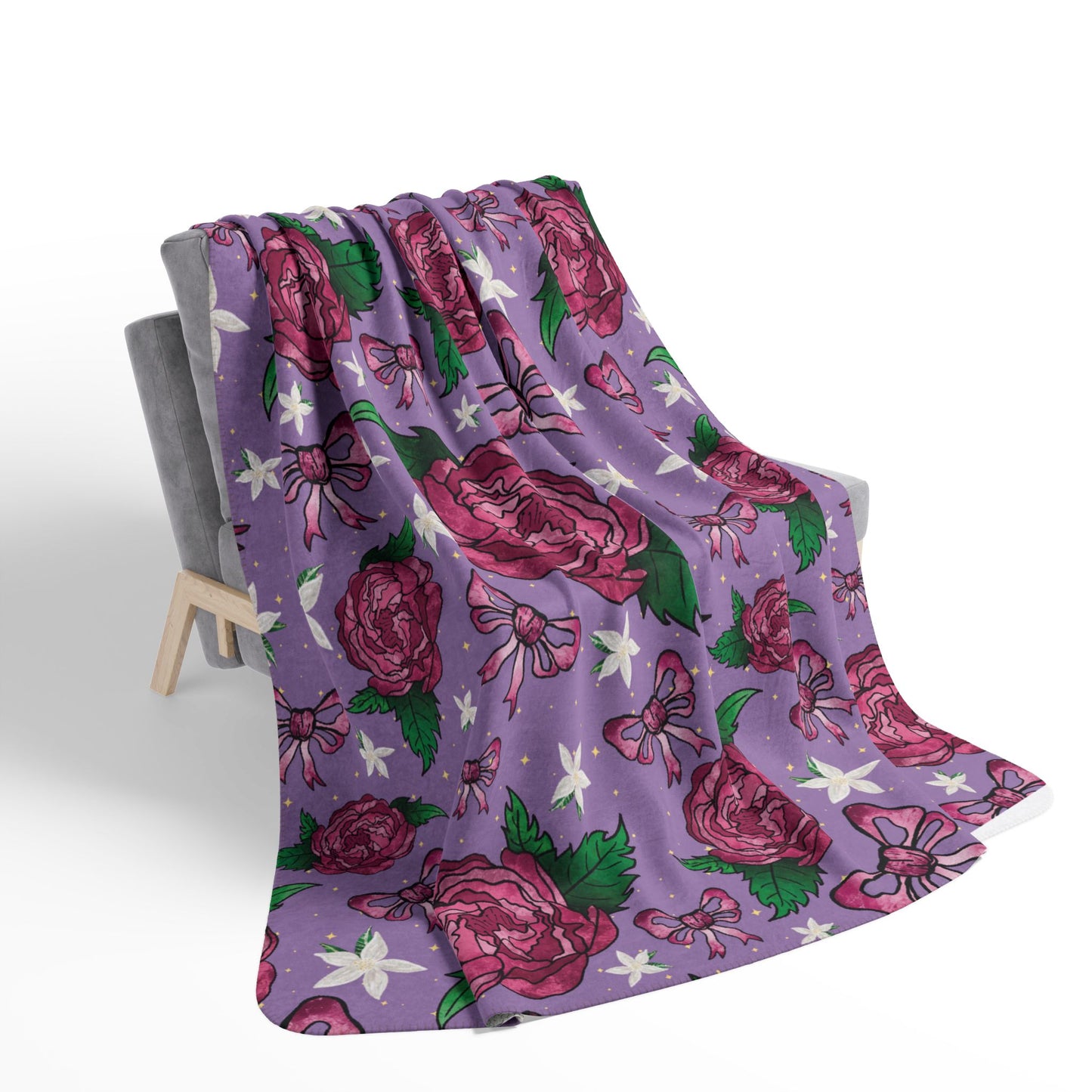 Floral Peony Bow Fleece Sherpa Blanket — Purple Cozy Throw