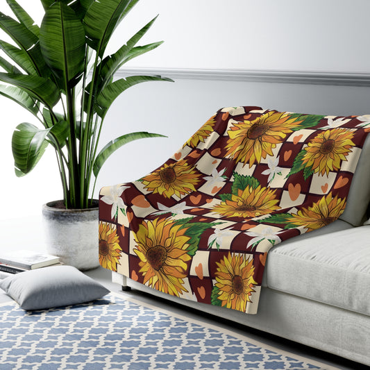 Sherpa Fleece Blanket Sunflower Checker Print